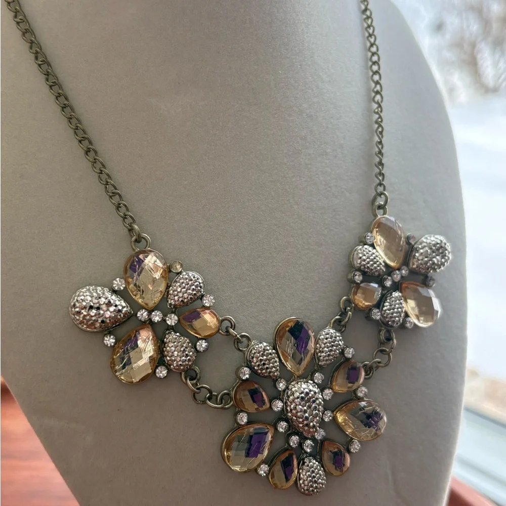 Statement Cluster Floral Necklace Bronze Tone Amber Crystals